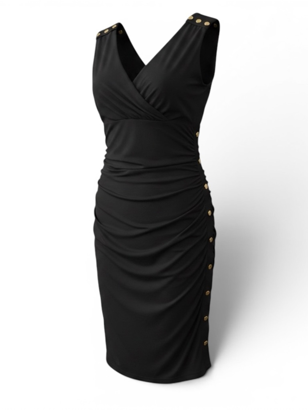 Cache Black Ruched Midi Dress Gold Button Detail Sleeveless Size M